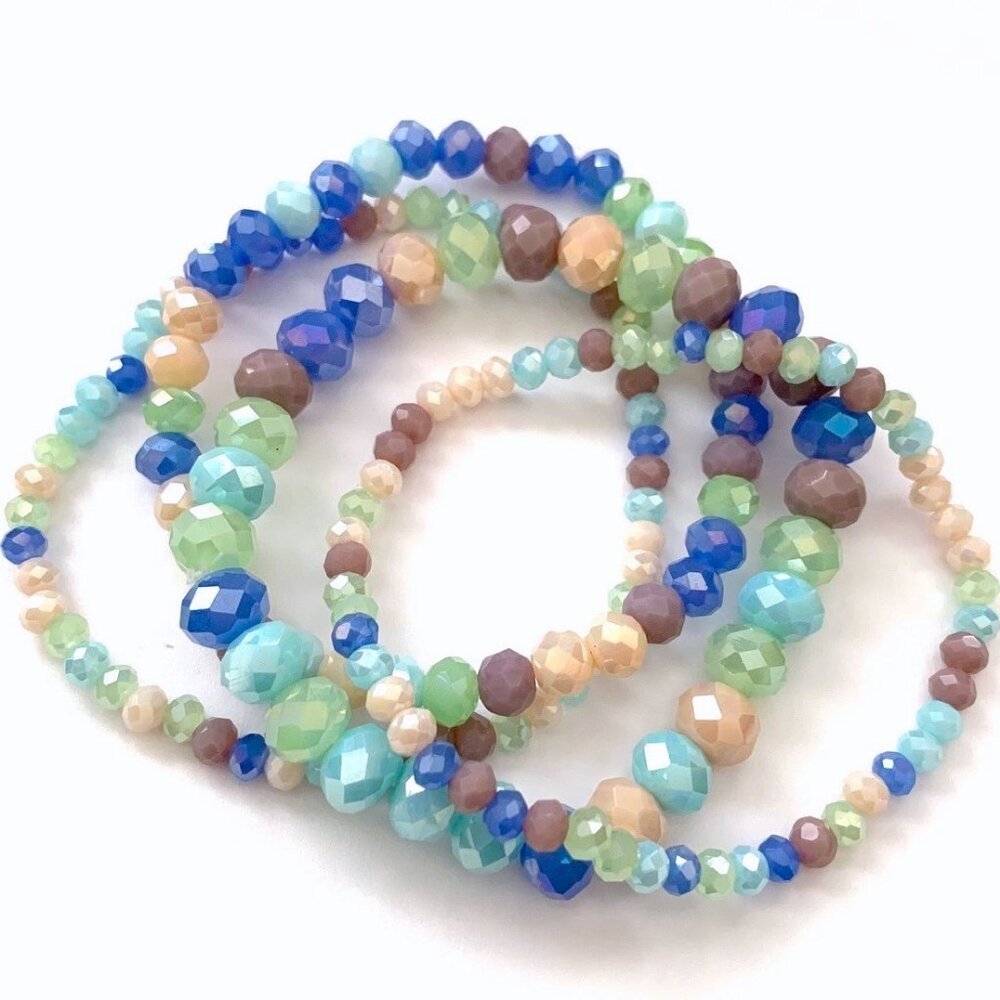 Set Of 4 Multi Color Pastel Glass Crystal Stackable Beaded Stretch Bracelet